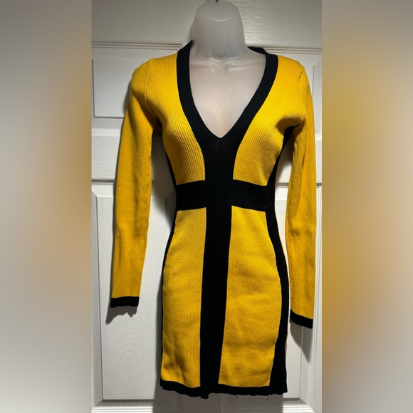 Yellow and Black Ribbed Knit Body-Con Long Sleeve Mini Dress (Size M) - Picture 2 of 13